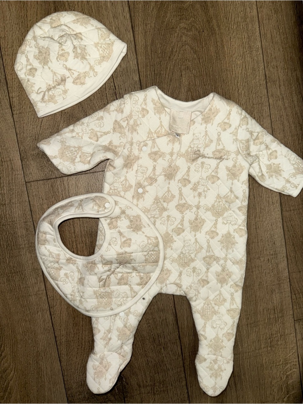 Givenchy Cream Quilted Baby Footie Set with Hat & Bib